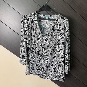 Double Click Women's Y2K Abstract Ruched Drape Neck Top XL Black White Office